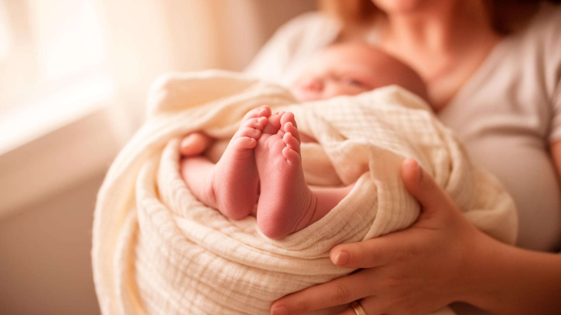Mãe segurando os pezinhos de um recém-nascido